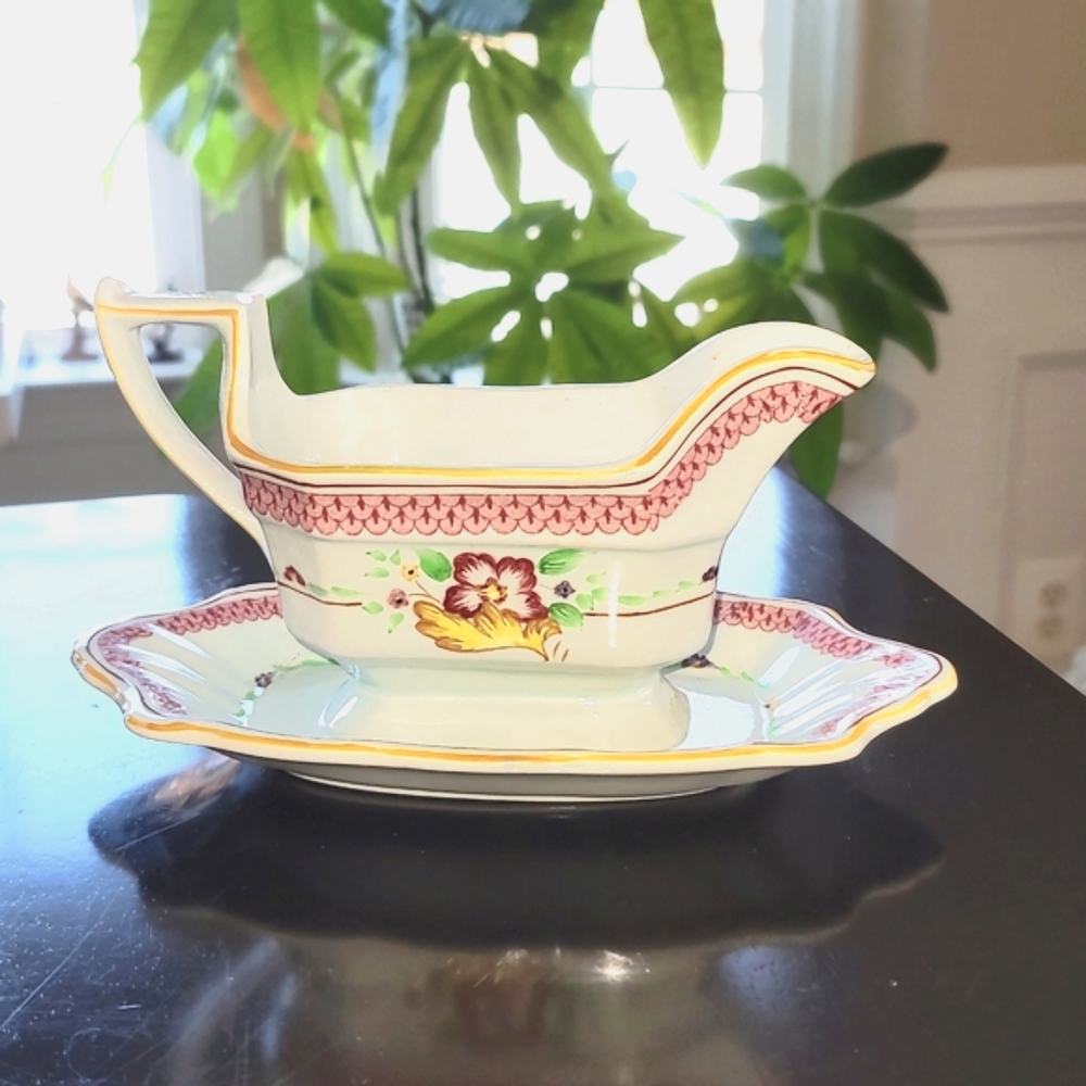 Antique Adams China Calyx Ware "Carolynn"Gravy Boat with Attached Underplate